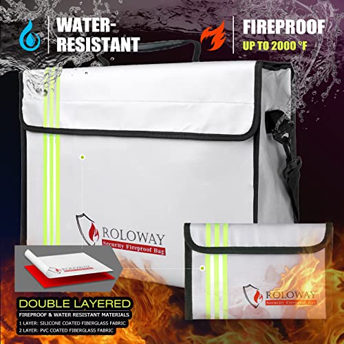 ROLOWAY Large (15 x 12 x 5 inches) Fireproof Bag with Reflective Strip, Water Resistant Fireproof Document Bag Safe for Money, Documents and Valuables Storage - size: Large + Small, style: Silver With Reflective Strip