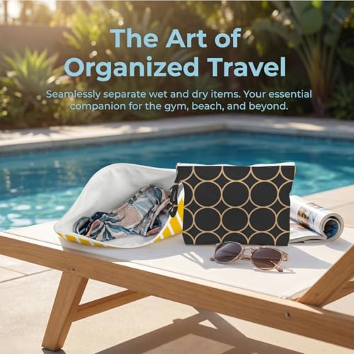 Fokongna Wet Bag, 4 Pack Waterproof Reusable Toiletry Storage Pouch, Dry Wet Keep Separate for Travel Shower Gym Cosmetic Essentials - color: Retro Geometric Stripes