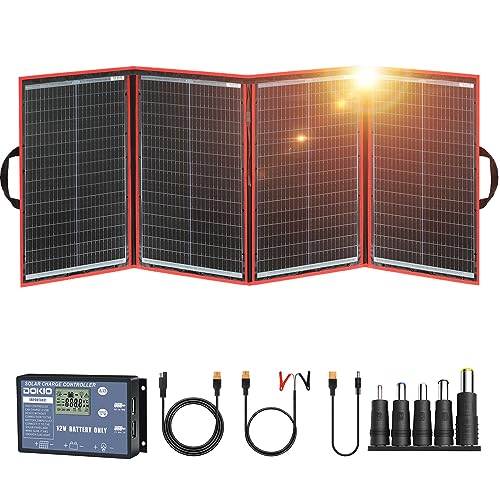 DOKIO 200W Portable Foldable Solar Panel Kit for 12V Battery Charging | Folds to 20 x 27 in and weighs 9.7 lb; includes controller and dual USB; for 12V batteries, power stations and camping.