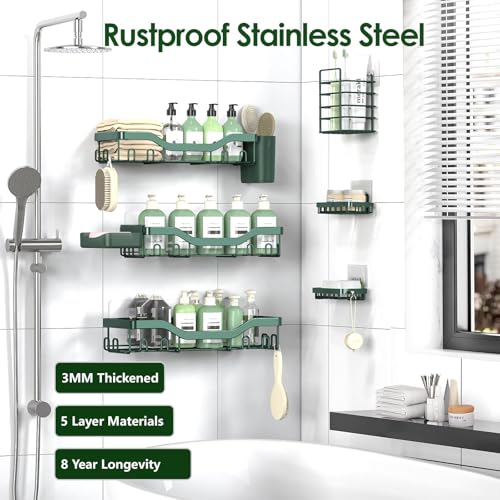 NESOMI Shower Caddy Adhesive Shower Organizer 8-Pack, Rustproof Stainless Steel Bathroom Shelves, Large Capacity No-Drill Rack Storage Accessories with Soap Dish Toothbrush Holder Hooks - color: Blackish Green, size: 8-Piece Set