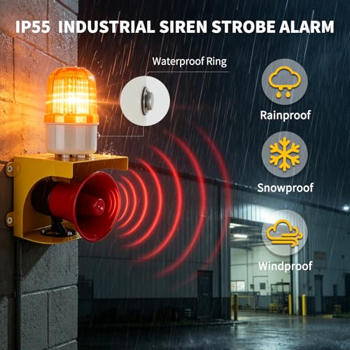 AC110V Industrial Siren Alarm Strobe Light-120dB Loud Horn&Waterproof Red Beacon Warning Light for Emergency,Factory,Fires,Tornado,Intruder Deterrent (AC110V Amber Light (Switch,0-120dB)) - style: AC110V Amber Light (Switch,0-120dB)