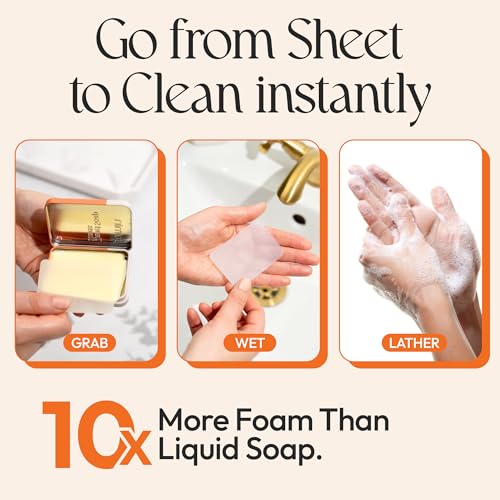 FOMIN - Paper Soap Sheets for Traveling - 100 Orange Portable Camping Soap Sheets for Travel in Tin - Dissolvable Mini Portable Travel Soap Sheet for Hand Washing - color: Orange