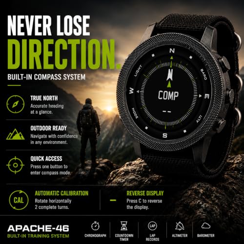 NORTH EDGE Apache 46 Men’s Outdoor Digital Watch Bundle with Extra 22mm Black Silicone Band, Altimeter Barometer Compass, Pedometer, Weather Trend, EL Backlight, 50M Water Resistant Hiking Watch
