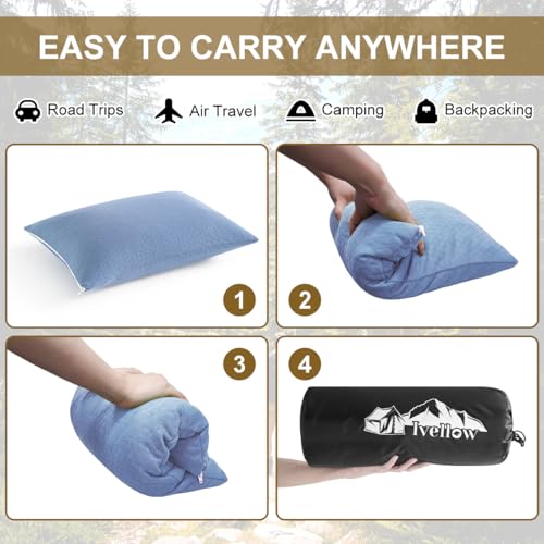 Ivellow Memory Foam Travel Pillow Compressible Camping Pillow for Sleeping Shredded Memory Foam Pillow Compact Firm Supportive Travel Pillow for Adults Kids Outdoor Hiking Essential Gear Blue-S | Compact shredded memory foam pillow,medium firm support, so