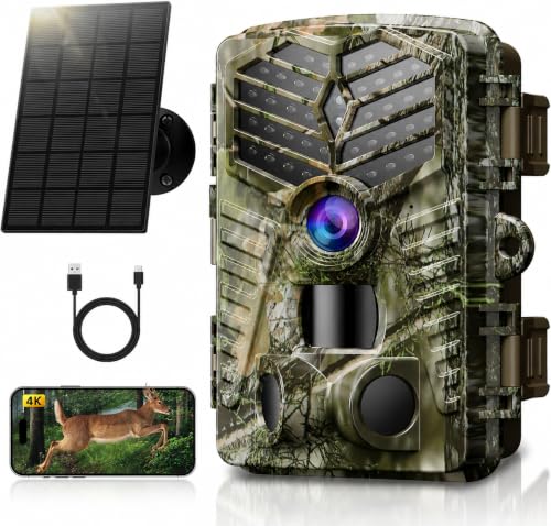 Solareye Trail Camera WiFi - Solar Powered 4K 64MP Game Cameras with Night Vision Motion Activated Waterproof, IP66 120° Detection Angle 0.2s Trigger 940nm No Glow LED Wildlife - color: Olive Green