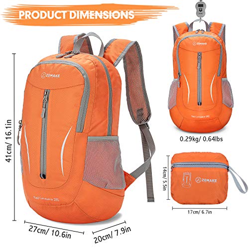 ZOMAKE Lightweight Packable Backpack 25L, Foldable Hiking Daypack - color: Orange a, size: 25L