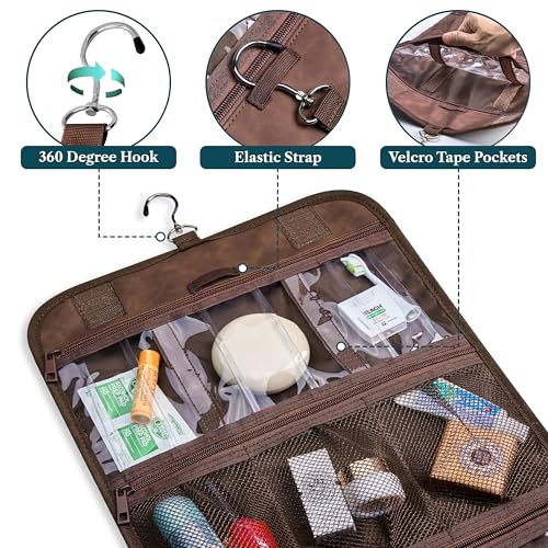 PAVILIA Hanging Toiletry Bag for Women Men Foldable Travel Organizer, Brown - color: Brown