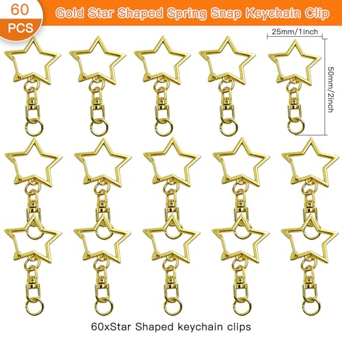60Pcs Star Shaped Gold Spring Snap Keychain Clip,Metal Swivel Clasp Snap Hook Key Ring with Chain Hanging Buckle with Open Jump Ring Connector for Crafts Key Ring Making,DIY Keychain Supplies - color: gold