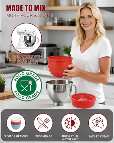 Collapsible Thickened Silicone Kitchen Aid Bowl Liners,Food Grade silicone bowl Liner,Fits 5Quart Stand Mixer,Reusable Bowl Insert with Airtight Lid,KitchenAid Mixer Accessories (Blue) - color: Blue