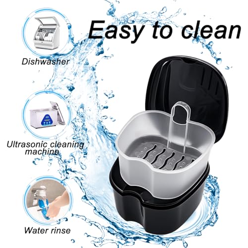 2 Pack Travel Denture Bath Case Set Orthodontic Dental Box Case with Brush, Denture Soaking Cup False Teeth Retainer Container for Clear Braces, Mouth Guard, Night Guard - color: Black & Purple