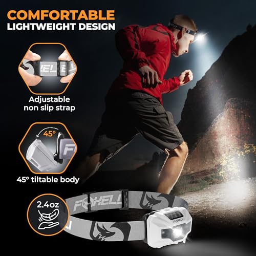 Foxelli USB‑C Rechargeable LED Headlamp – Ultra‑Light 2.4 oz & Bright 180 Lumens – Red/White Light, 5 Modes, IPX5 Waterproof, 40 h Runtime for Trail Running, Camping, Hiking - color: White