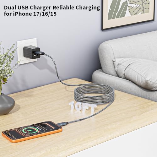 2Pack Fast iPhone Charger[Apple MFi Certified]10FT 2 Port USB Fast Charging | Block with iPhone 17 USBA-C Braided Cable Cords,Apple Charger Adapter for iPhone 17 Air/16e/17/16/15/15 Plus/Pro/Pro Max/iPad - color: Black 10FT A-C