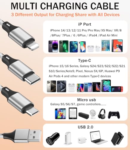 Multi Charging Cable, 5ft 3Pack Multi Charger Cable Nylon Braided Multiple USB Universal 3 in 1 Charging Cord Adapter with Type-C, Micro USB Port Connectors for Cell Phones and More - size: 5ft