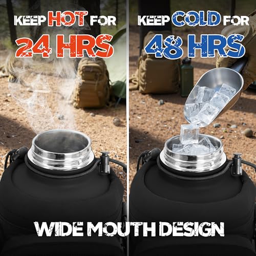 NATURE PIONEOR 64 oz Tactical Water Bottle with MOLLE Bottle Pouch & 3 Lids | 18/8 Food-grade Stainless Steel, Double Vacuum Insulation, 3 Leak-proof Lids, Handle, Strap, Camping, Hiking, Gym, Work - color: Black, size: 64 Ounces