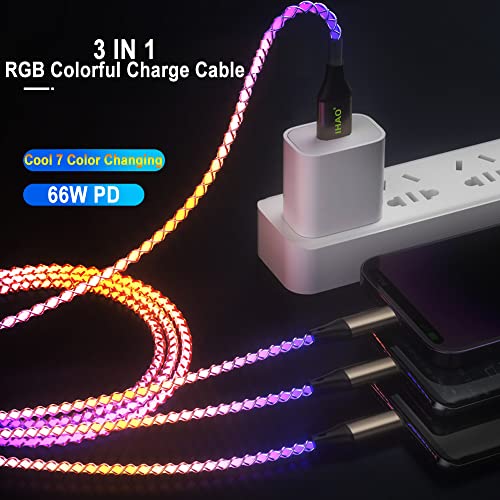 IHAO Multi Connectors Fast Charging Cable 3 Combinations in One Cable USB A to USB C/Micro USB Cord Lighted Up LED Flowing Compatible with Most of Electric Device-39 Inches RGB - color: 3 Combinations RGB