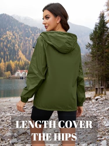 CRIPOM Packable Rain Jacket Women Waterproof Lightweight Jacket With Hood Womens Windbreaker Jacket S-XXL - color: Army Green, size: Medium