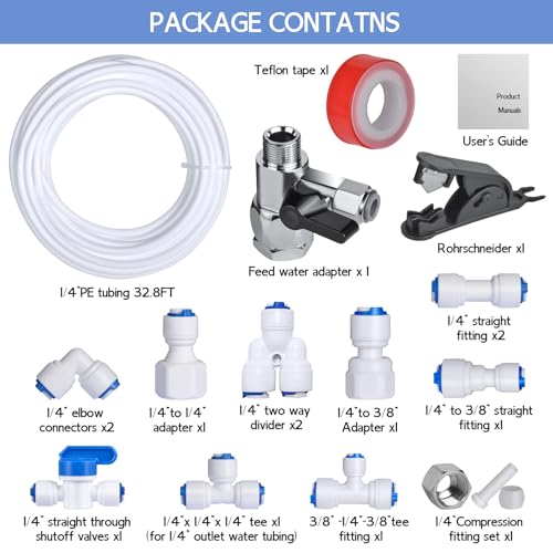32.8ft Refrigerator Water Line Kit Connection, 1/4 Compression Ice Maker Installation Kit, 1/4" OD Water Line Kit with Quick Connect Fitting for Fridge Ice Maker Reverse Osmosis RO System Water Filter