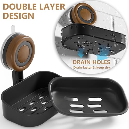 Double Layer Soap Dish for Shower 2 Pack, Wall Mounted Bar Soap Holder Suction Cup 2 Layer Self Draining Soap Case Sponge Holder for Shower Bathroom, Tub and Kitchen Sink, Black - color: Black