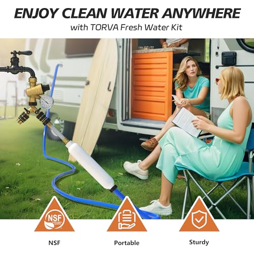 TORVA Water Hoses & Fittings for Camping All in One Fresh Water Kit - BPA Free, Includes RV Water Filter Cartridge, Hose Splitter, and Connectors - Essential RV Accessories for Outside Camper