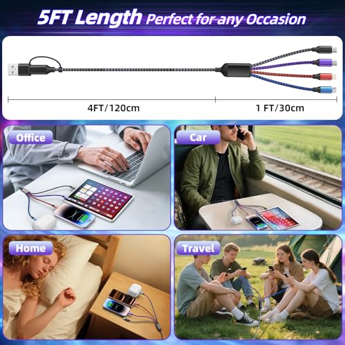 USB C/A Multi Charging Cable, 4 in 2 Charging Cords for Multiple Devices | 5FT Multi Charger Cable with 2 Type-C, IP and Micro USB Cable, Phone Charger Cord for iPhone 17-8, Android, iPad, Galaxy - color: Black_Gray