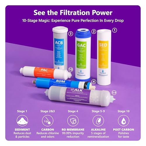 Express Water ROALK5D, 10-Stage Under Sink RO System, Alkaline, 50 GPD | NSF Certified 372, Deluxe Chrome Facuet, Reduces 99% of Impurities, BPA Free, Leak Detection - color: Chrome, style: 10 Stage, Alkaline