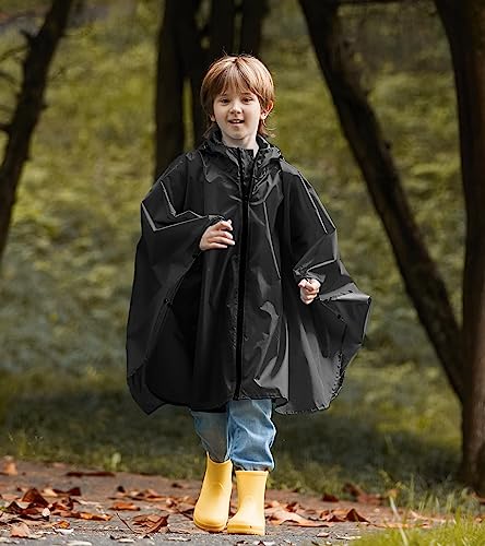 SaphiRose Lightweight Kids Rain Poncho Waterproof Jacket Zipper Up Rain Coat - color: Black, size: 5-7 Years
