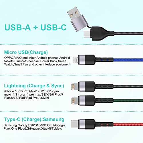 3M/10Ft 6 in 1 Multi USB Universal Phone Charging Cable，USB A/Type C to Lightning*2+Type C+Micro USB Nylon Braided Sync Charger Cord Adapter for Android/iPhone/iOS/Samsung/Huawei-Uber Signs for Car - color: Brown