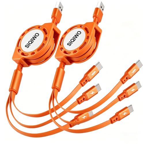 SIQIWO Retractable Multi USB C Charging Cable, 3 in 1 Fast Charging Cord | QC 3.0 Data Sync Fast Charging, Phone Charger Cord ,Travel Car Charger for iPhone17/ Samsung/ MacBook/ Switch - 3.3Ft/ 2 Pack - color: Orange