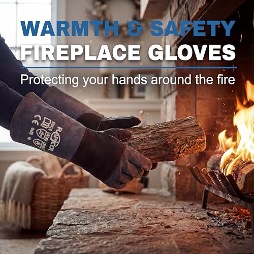 RAPICCA Fireplace Fire Pit Gloves, 932°F Fireproof Leather, 16in Dark Grey | For Wood Stove, Campfire, Charcoal, Cast Iron, BBQ Grill, Oven, Stick & MIG Welding, Forge, Dry Ice - color: Dark-grey(length 16in)