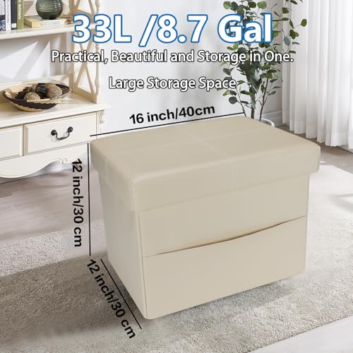 AmasSmile Ottoman with Storage,16" Folding Leather Foot Rest Chest,Beige - color: Beige Crosshairs 1 Pack., size: 16"*12"*12"with side pockets