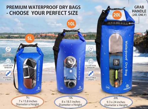 Freegrace Waterproof Dry Bag with Double Zip-Lock, Phone Case & Waist Pouch | 10L Navy Blue, Clear Window, Submersible 500D Drysack, Adjustable Crossbody Strap, Gear For Kayaking, Boating, Beach, Surfing - color: Navy Blue, size: 10L, style: Window