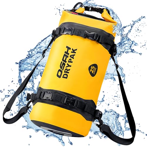 OSAH DRYPAK 25L Waterproof Dry Bag - Motorcycle Luggage Tail Bag with Straps for Back Seat, Roll Top Lightweight Waterproof Backpack Sack for Travel, Swimming, Boating, Kayaking, Camping and Beach - color: Yellow