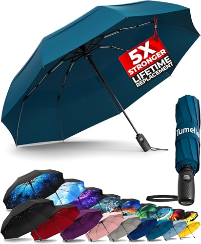 Strongest Windproof Travel Umbrella (Compact, 100MPH Wind-Tested), Light, Portable, One-Handed Use, Automatic Folding Rain Umbrella, Durable, Premium Grip, Fits Car & Backpack - color: 1-pack Petrol