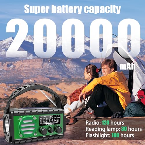 Solar Powered Emergency Hand-Crank Radio with 20,000mAh Battery, Clear Reception, Supports AM/FM/SW/NOAA Weather Broadcasts, Features a Dual-Mode LED Flashlight and Phone Charger for Camping