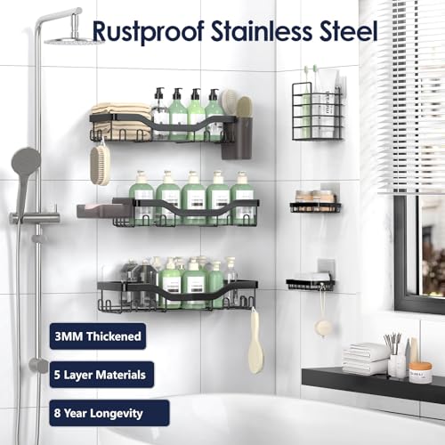 NESOMI Shower Caddy Adhesive Shower Organizer 8-Pack, Rustproof Stainless Steel Bathroom Shelves, Large Capacity No-Drill Rack Storage Accessories with Soap Dish Toothbrush Holder Hooks - color: Black, size: 8-Piece Set