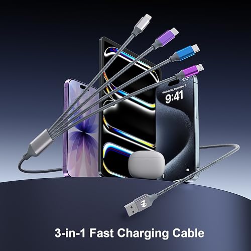 Multi Charging Cable 4ft 2Pack 4 in 1 Charger Cord,Doub Tyep-C Rapid Cable | Nylon Braided Cable USB Charging Cable Multi Phone Charger Cord with Type C Micro Lightning for Apple iPhone17-5 Cell Phones - color: Grey-4in1