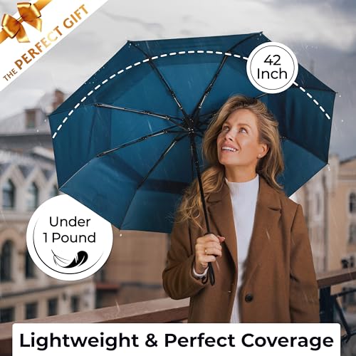 Strongest Windproof Travel Umbrella (Compact, 100MPH Wind-Tested), Light, Portable, One-Handed Use, Automatic Folding Rain Umbrella, Durable, Premium Grip, Fits Car & Backpack - color: 1-pack Petrol