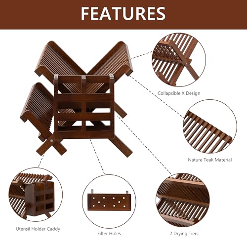 HBlife Dish Rack,Teak Folding 2-Tier Collapsible Drainer Dish Drying Rack with Utensils Flatware Holder Set (Dish Rack with Utensil Holder) - color: Teak-2 Tiers