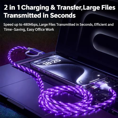 USB Cable PD Fast Charger Lighted Up(USB 6IN1 Starry Purple) Mobile Phone Data Cable,Fast Charging Cable,TPE Material,Compatible with Almost All Devices. - color: USB 6IN1 Starry Purple