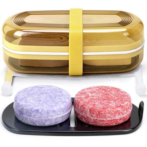 Shampoo Bar Holder and Soap Case, Leakproof Travel Container with Lid & Drain Tray, Includes Silicone Strap and Soap Bag, Compatible with Kitsch Solid Shampoo & Conditioner Bars(Lemon Yellow, Large) - color: Lemon Yellow Style A-large