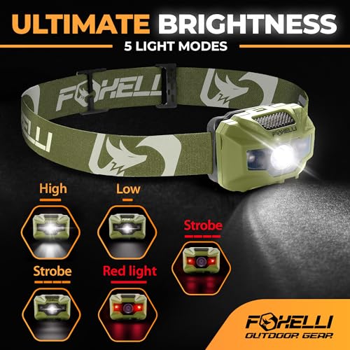 Foxelli USB‑C Rechargeable LED Headlamp – Ultra‑Light 2.4 oz & Bright 180 Lumens – Red/White Light, 5 Modes, IPX5 Waterproof, 40 h Runtime for Trail Running, Camping, Hiking - color: Khaki