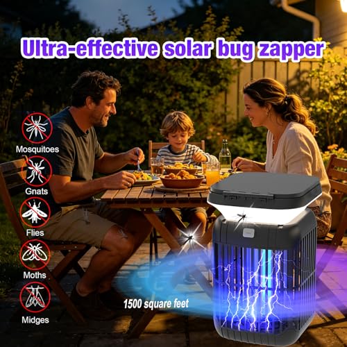 ZENO Solar Bug Zapper, 3-in-1 Waterproof Mosquito Killer & LED Lantern | Dual folding solar panels & USB rechargeable battery. Portable, efficient indoor/outdoor insect trap for camping, yard, patio