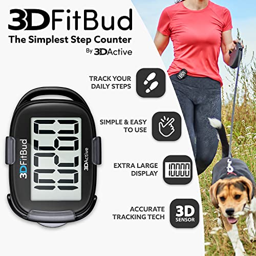3DFitBud Simple Step Counter Walking 3D Pedometer by 3DActive with Clip, Lanyard Accurate Step Tracker Large Display, Easy to Use for Kids Men Women Adult Seniors Daily Step Tracking - A420S - color: Black