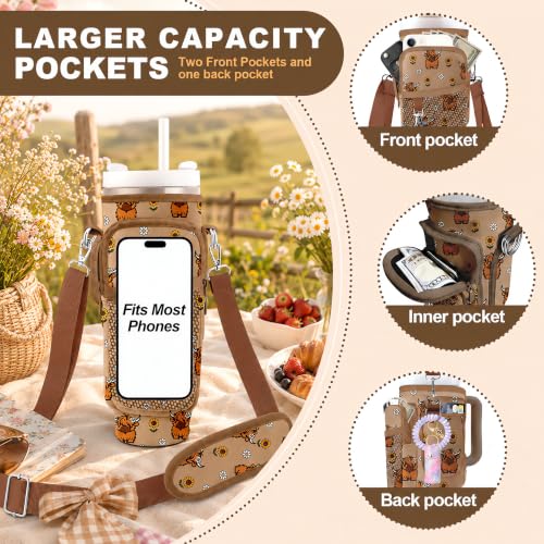 Stanley Water Bottle Bag with Adsjust Strap for 30/40 Oz Tumbler, Water Bottle Carrier with 3 Pockets, Cleaning Brush & Straw Cover, Stanley Cup Carrier Bag for Walking, Gym,Travel, Yoga - color: Daisy Highland Cow