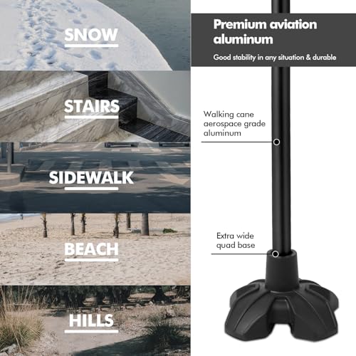 Self Standing Walking Cane Quad Base for Seniors | Lightweight aluminum, foldable design, 31–36 in adjustable height, EVA offset handle, self-standing quad base - color: Dark Blue