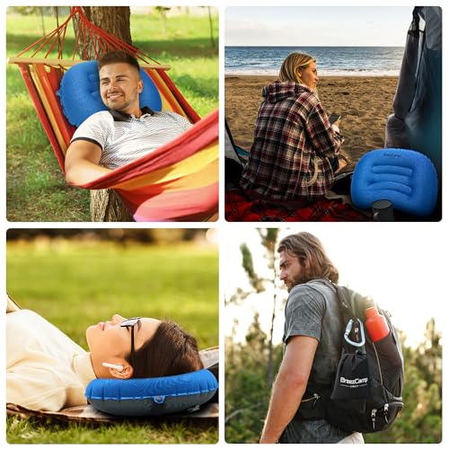 Inflatable Camping Pillow, Travel Blow Up Air Pillow, Neck Lumbar Support Ultralight Compact Pillow for Outdoor Hiking Backpacking Car Beach Airplane Sleeping Essentials, Navy Blue - color: Navy Blue