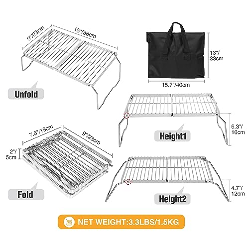 REDCAMP Folding Campfire Grill 304 Stainless Steel Grate, Adjustable Height Portable Camping Grill with Carrying Bag for Outdoor Cooking BBQ - size: 15"x9"