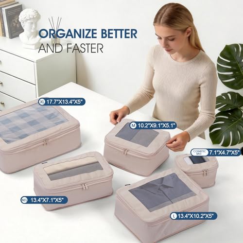 Compression Packing Cubes - Travel Organizer Bags for Suitcases and Luggage, Eco-Friendly Fabric (5-Pack) (Beige) - color: Beige