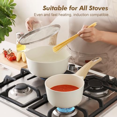 SENSARTE Ceramic Nonstick Sauce Pan with Lid, 2.0 Quart Small Saucepan, White Cooking Pot with Stay Cool Handle, Non toxic Kitchen Sauce Pot, Non stick Small Pot, Induction Pot, PFOA PTFE PFAS Free - color: Ceramic White, size: 2 Quarts