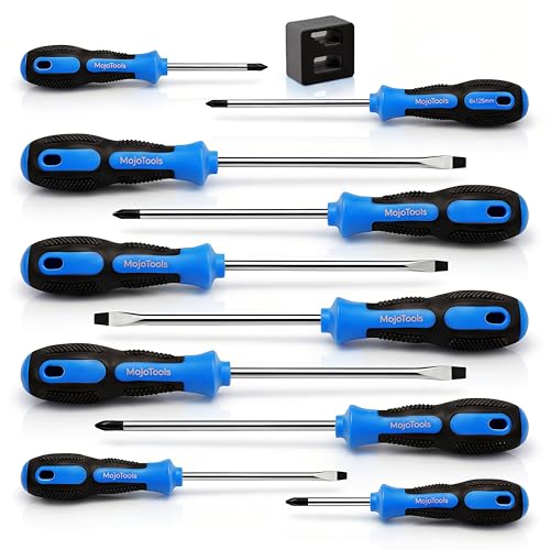 10-Piece Magnetic Screwdriver Set with Magnetizer/Demagnetizer, CR-V Steel, Phillips & Slotted, Hex Bolster Anti-Roll/Wrench Assist, Sizes Marked, EVA Zipper Pouch w/Securing Straps - color: Blue-black